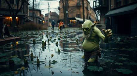 Capture a candid moment of an ogre dancing in a swamp, with a backdrop of an urban scene. This street photography style image