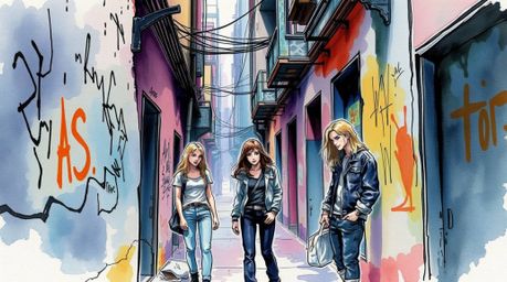 A delicate watercolor painting captures the essence of a grungy city alley teeming with rebellious teens. The artwork is defi