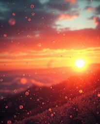 An epic, modern future scene captures the enchanting moment of snowflakes falling during a vibrant sunset. The environment is