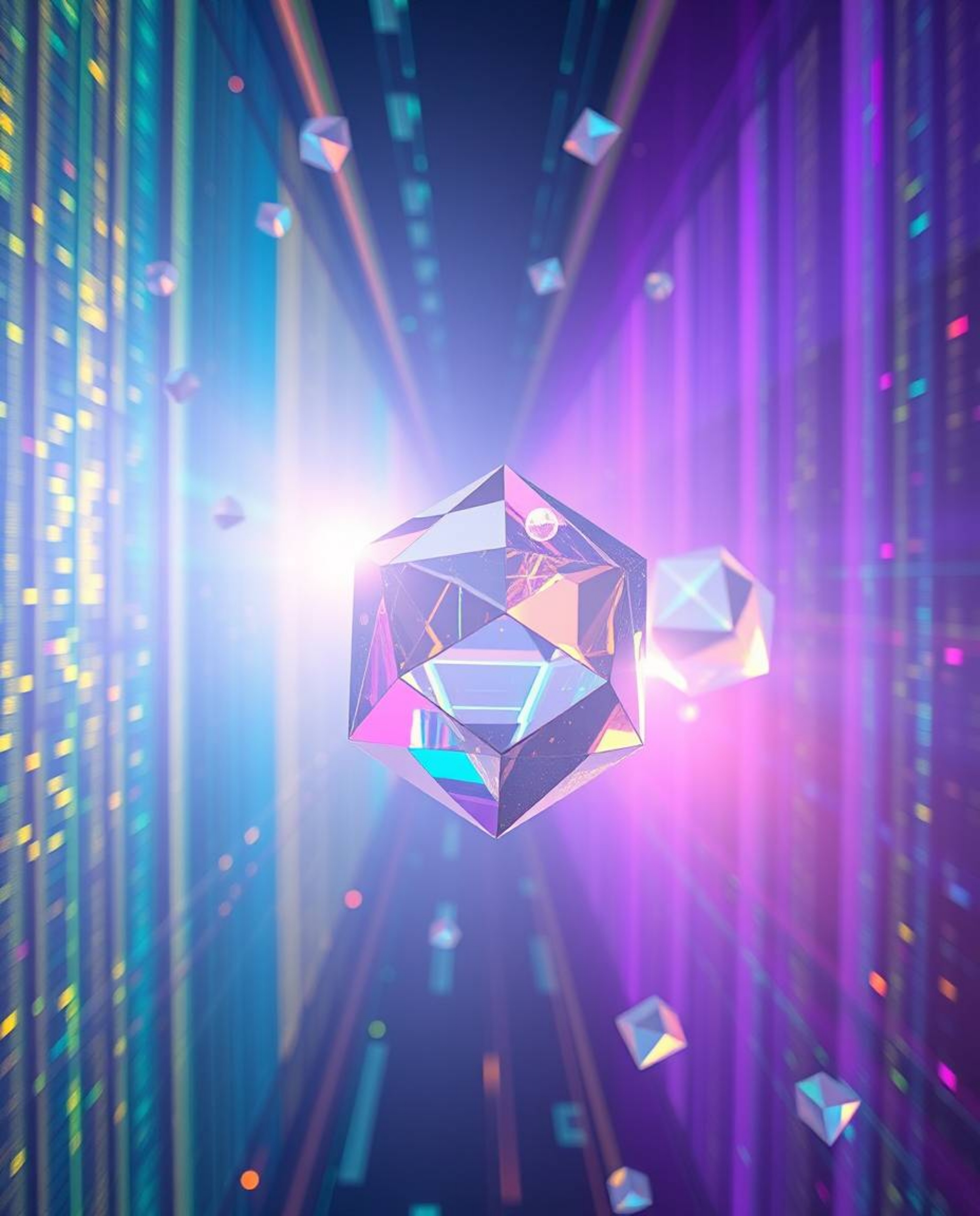 Experience the ethereal beauty of glitched geometric shapes floating in cyberspace.  This mesmerizing artwork evokes a mystic