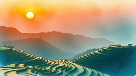 A breathtaking watercolor painting capturing the serene beauty of a sunset over mountainous rice terraces. The artwork harmon