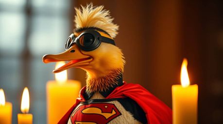 This high-resolution commercial stock photo features a duck playfully dressed in a zany superhero costume. Bathed in the warm