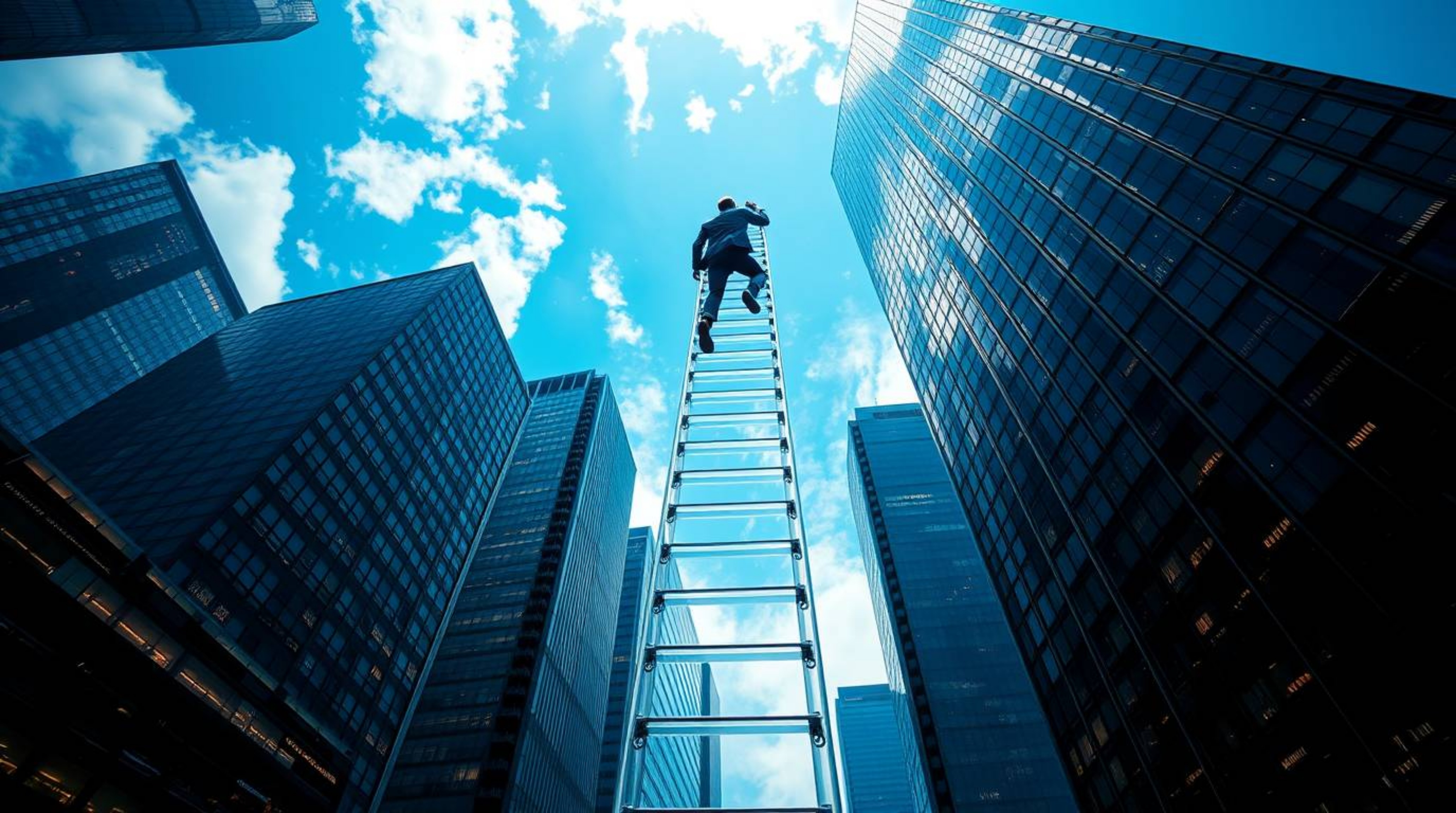 An epic scene depicts a businessperson heroically ascending a transparent ladder that disappears into a vibrant blue sky abov