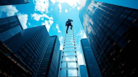 An epic scene depicts a businessperson heroically ascending a transparent ladder that disappears into a vibrant blue sky abov
