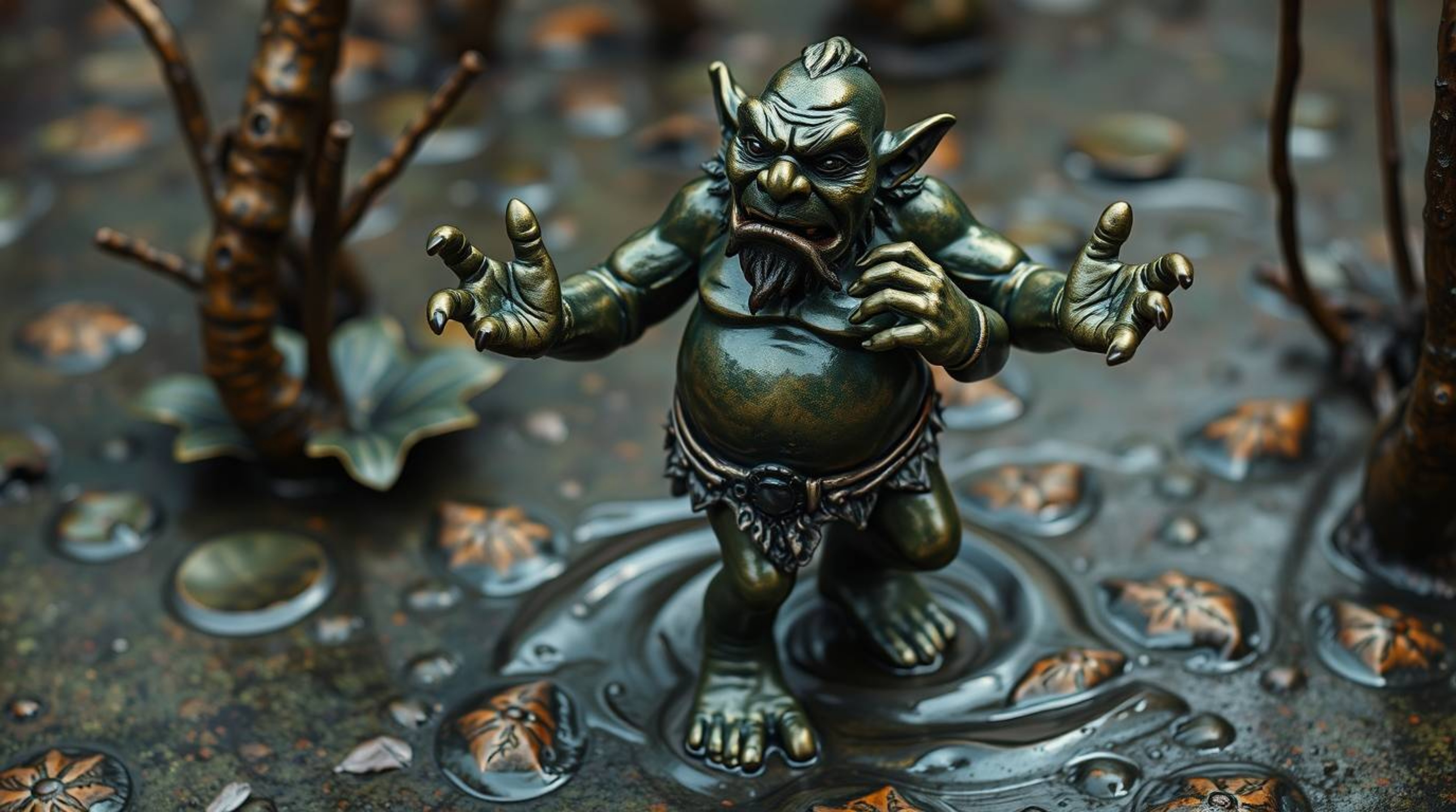 Experience a captivating scene of an ogre dancing in a swamp, brought to life through a cast bronze surface with vibrant comp