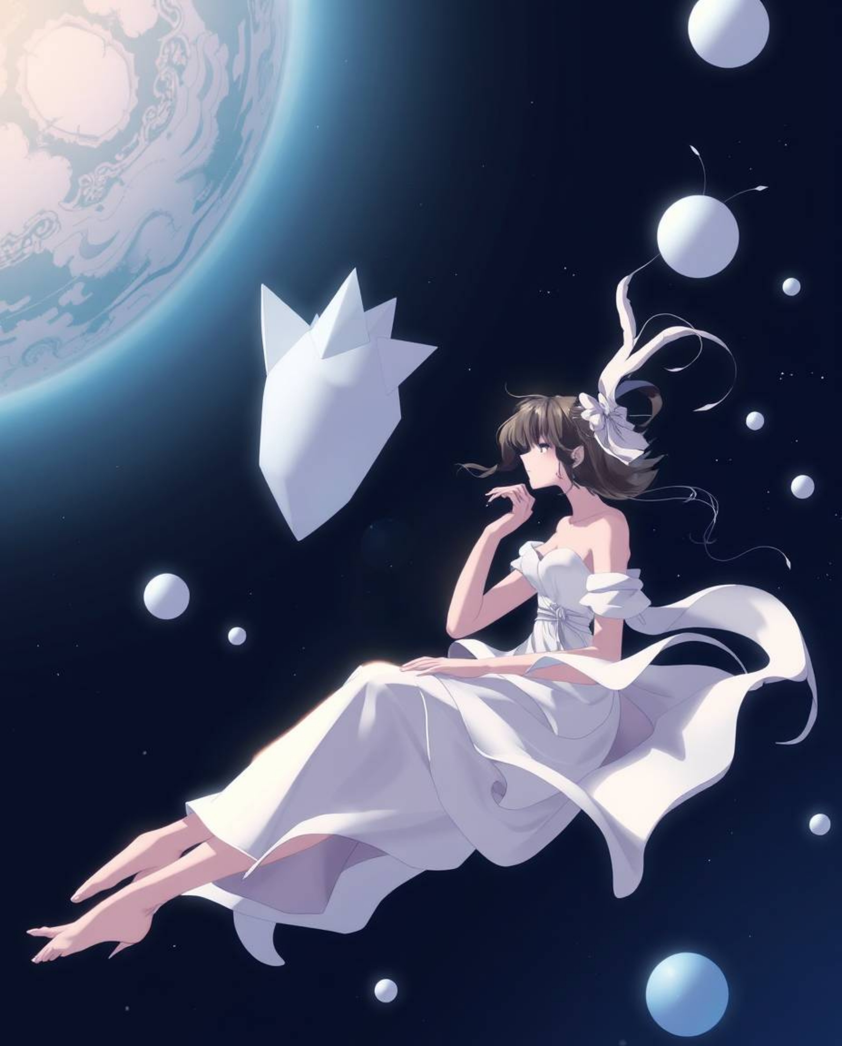Immerse yourself in a stunning Isekai anime-inspired illustration featuring graceful, abstract 3D shapes serenely floating in
