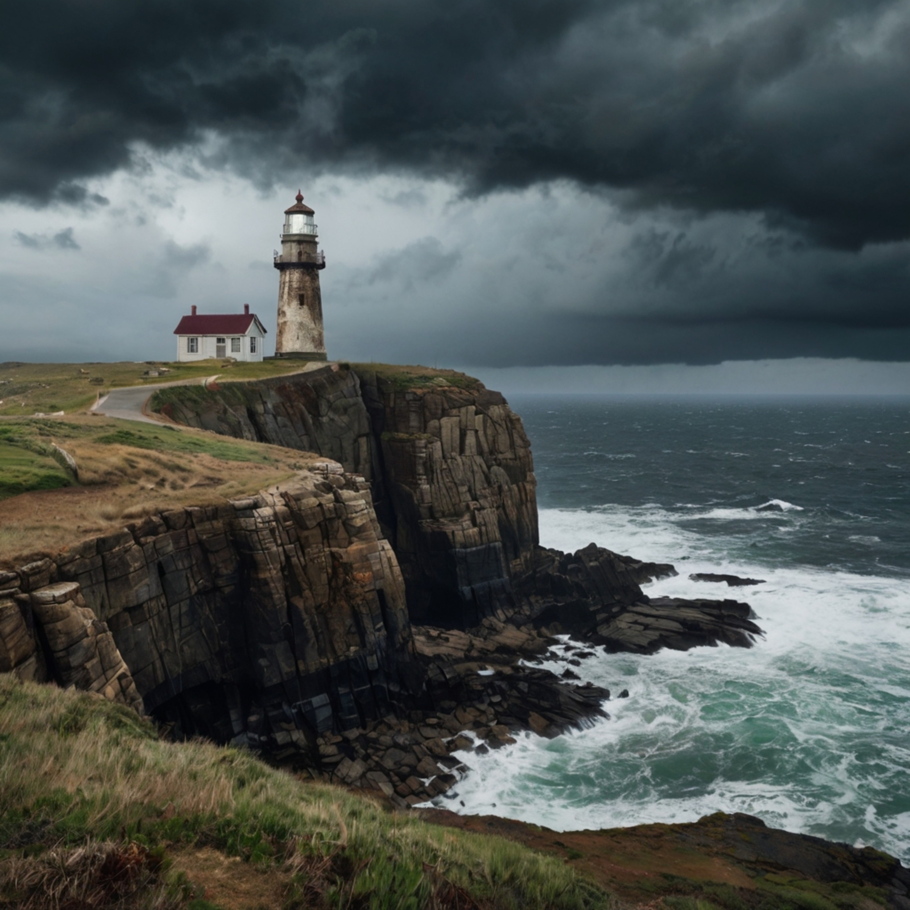 A weathered lighthouse stands sentinel on a rocky cliff, offering a breathtaking ocean view as a storm gathers on the horizon