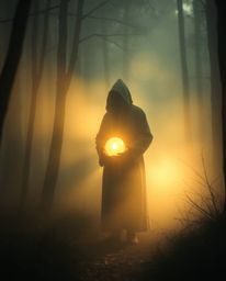 A captivating image of a cloaked figure shrouded in a misty forest, holding a glowing orb. The scene evokes a dreamy, peacefu