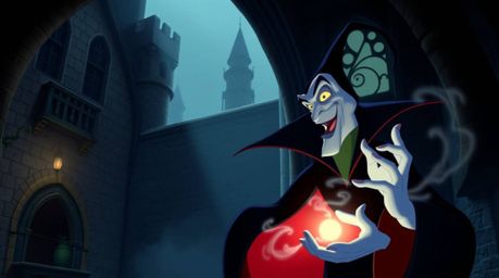 A classic Disney villain, characterized by sharp features and pale skin, is depicted casting a spell within the confines of a