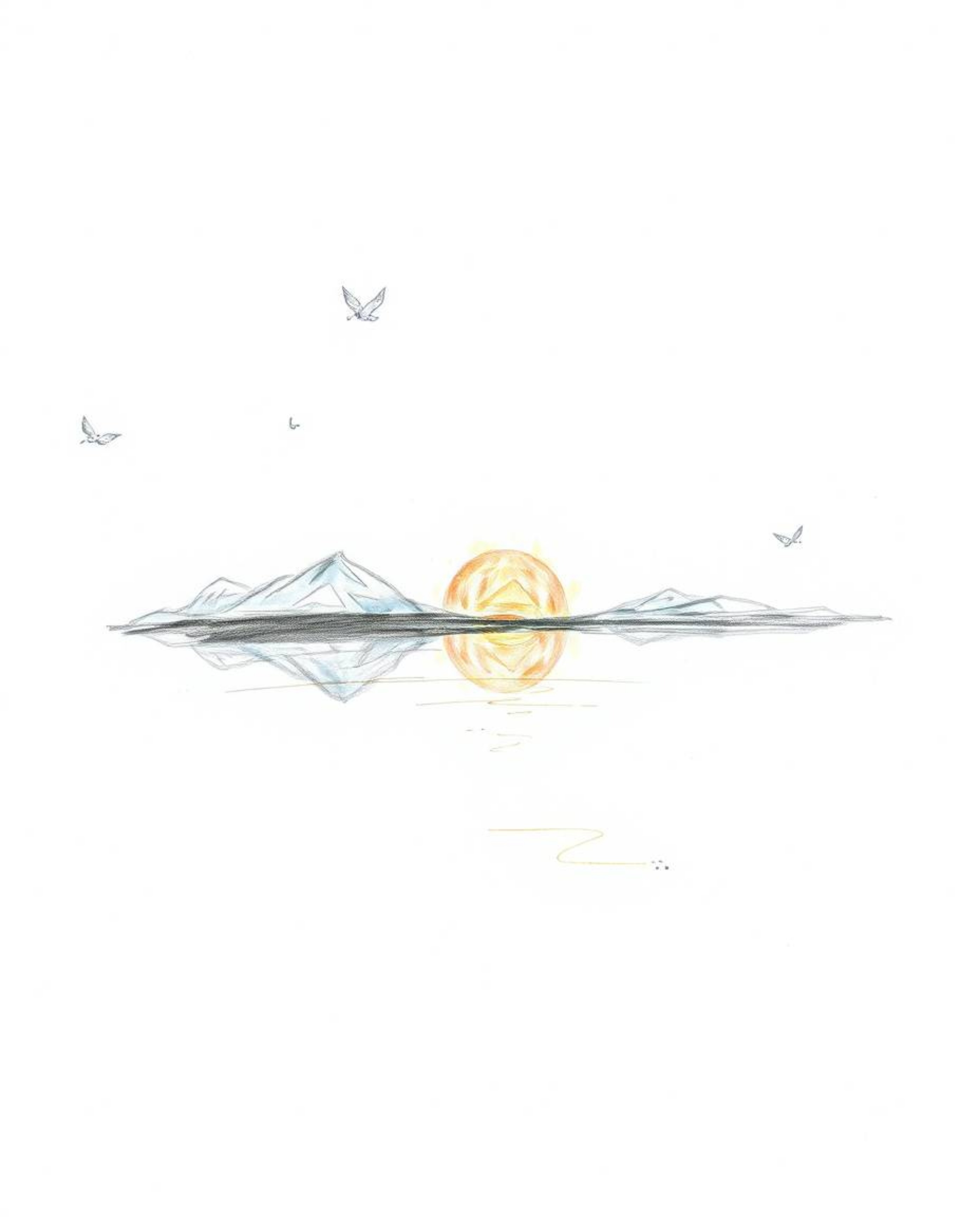 A hand-drawn sketch captures the reflection of a sunset in a glassy fjord, rendered in an ethereal style. The artwork is char