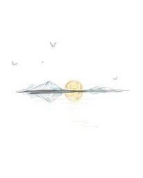 A hand-drawn sketch captures the reflection of a sunset in a glassy fjord, rendered in an ethereal style. The artwork is char