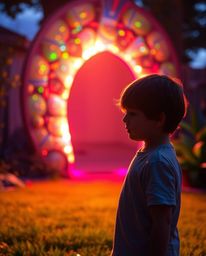 A curious child stumbles upon a breathtaking, glowing portal in their backyard. Vibrant bioluminescent colors and captivating