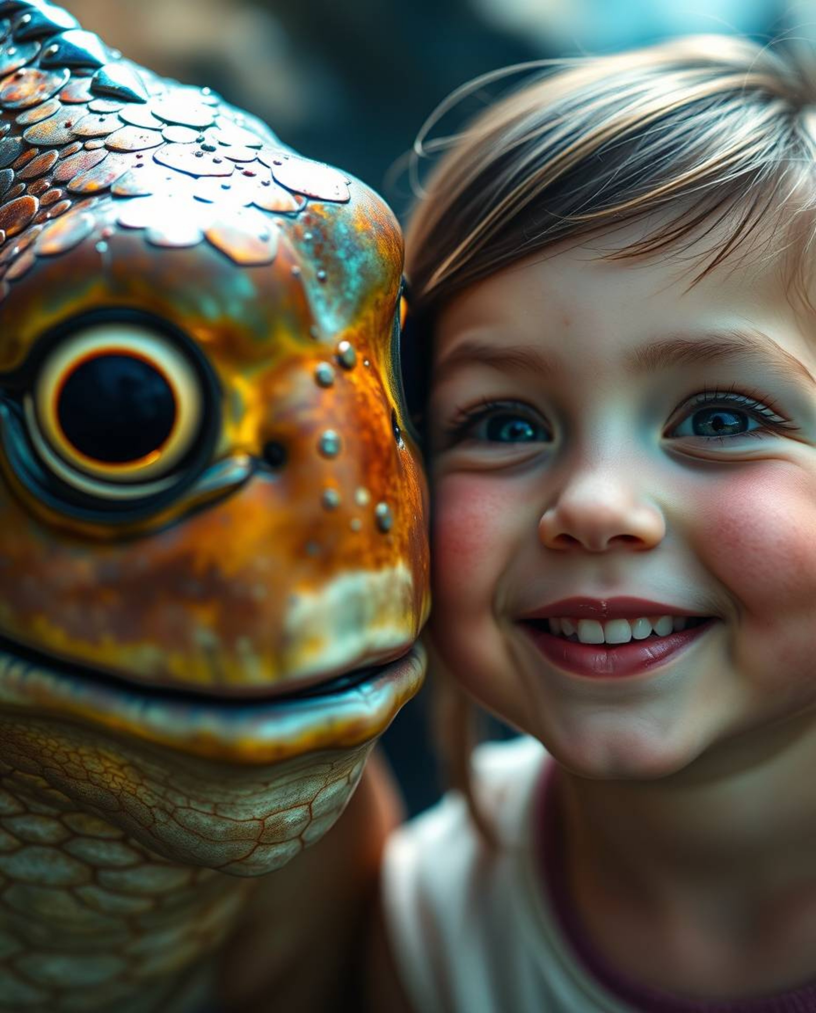 A captivating image depicting a unique friendship between a child and a fantastical sea creature.  The creature, with iridesc