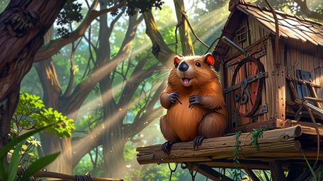 In a whimsical scene that blends the styles of Pixar and anime, a beaver is depicted with the perfect treehouse it has constr