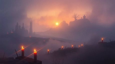 Experience breathtaking surreal imagery featuring fog-covered hills bathed in the warm glow of a breaking sunset.  Candleligh