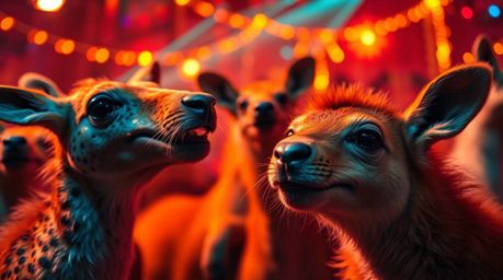 Experience a warm and tight close-up shot of an energetic animal dance party illuminated by dazzling disco lights. This vibra