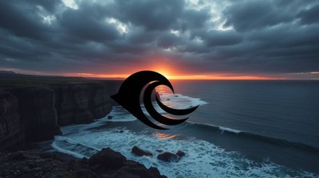 A captivating geometric logo design features waves crashing against cliffs during a dramatic sunset under stormy skies.  The 
