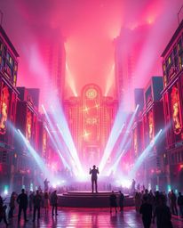 Experience a grand, epic musical number set in a vibrant, futuristic town square. This modern scene features iridescent color