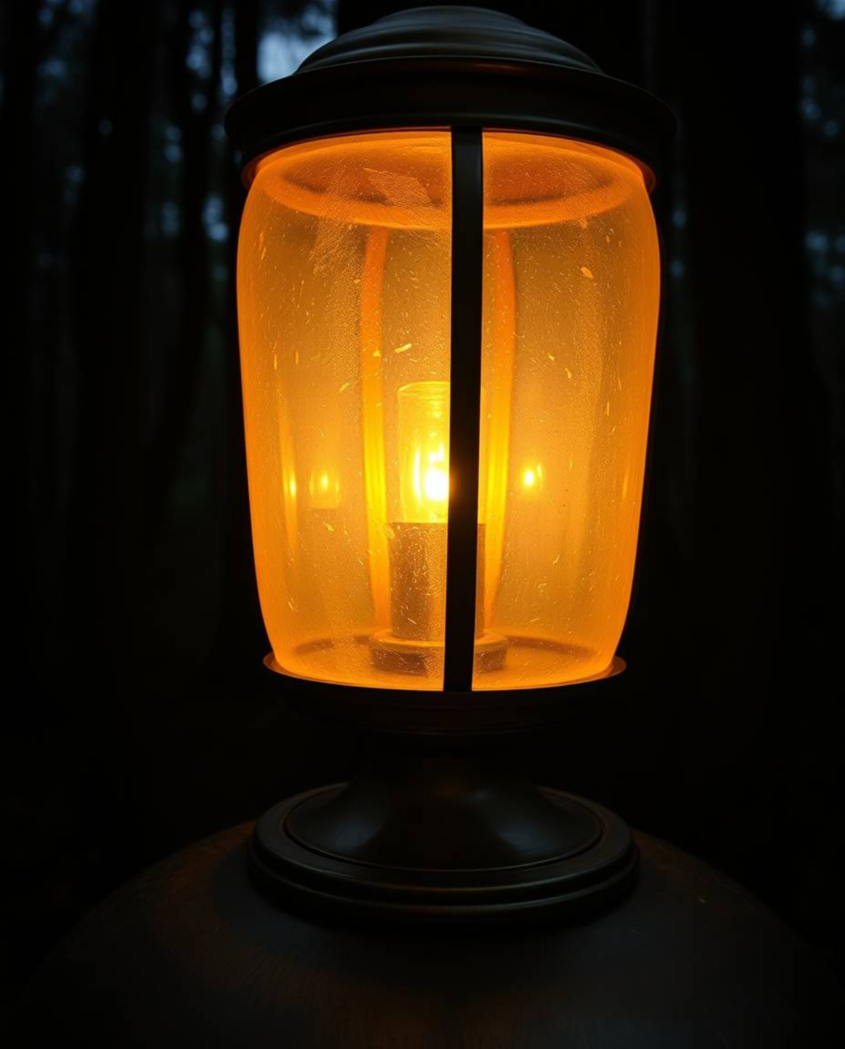 Experience the enchanting ambiance of a cast bronze lantern casting a gentle, soft light in the depths of a dark forest. Diff