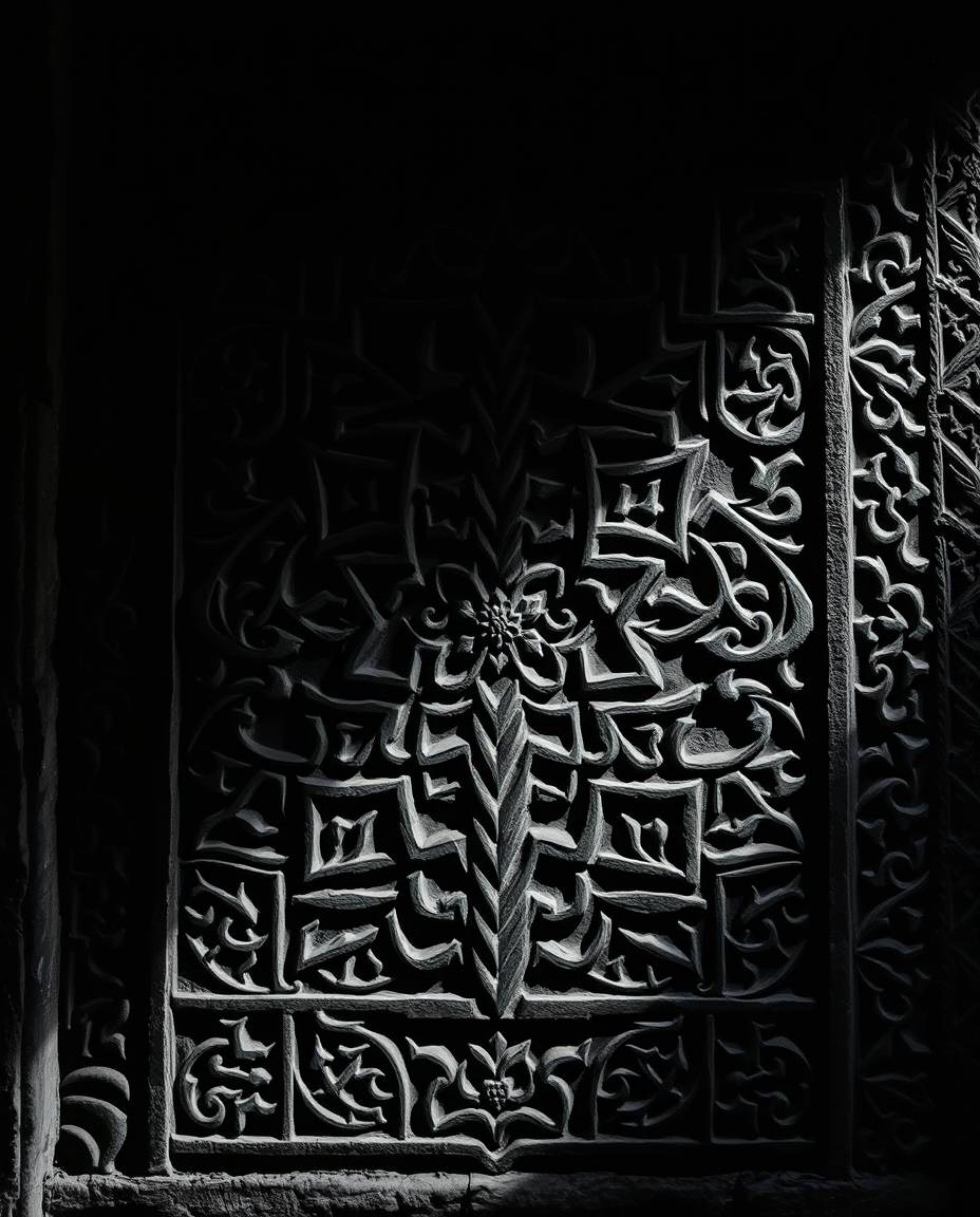This image showcases the beauty and complexity of Islamic geometric patterns carved in stone.  The intense jet black and chia