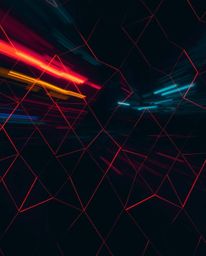 A captivating long exposure photograph showcases a seamless geometric pattern of hexagons and triangles bathed in a vibrant n
