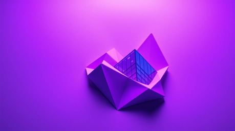 Intricate origami-style image showcasing a modern glass building dissolving into the sky with deep ultraviolet hues and vivid