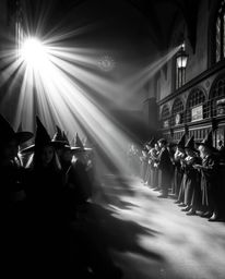 Discover a captivating classic black and white image of a magical school brimming with young wizards.  Experience the etherea