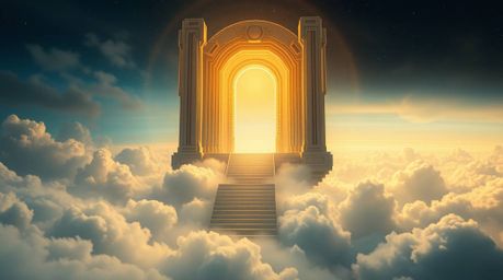 A mesmerizing futuristic sci-fi painting depicts a heavenly gate majestically floating above a sea of clouds.  Stairs ascend 
