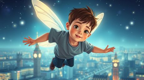 A captivating image of a young boy with delicate features soaring above London, powered by bioluminescent pixie dust. The art