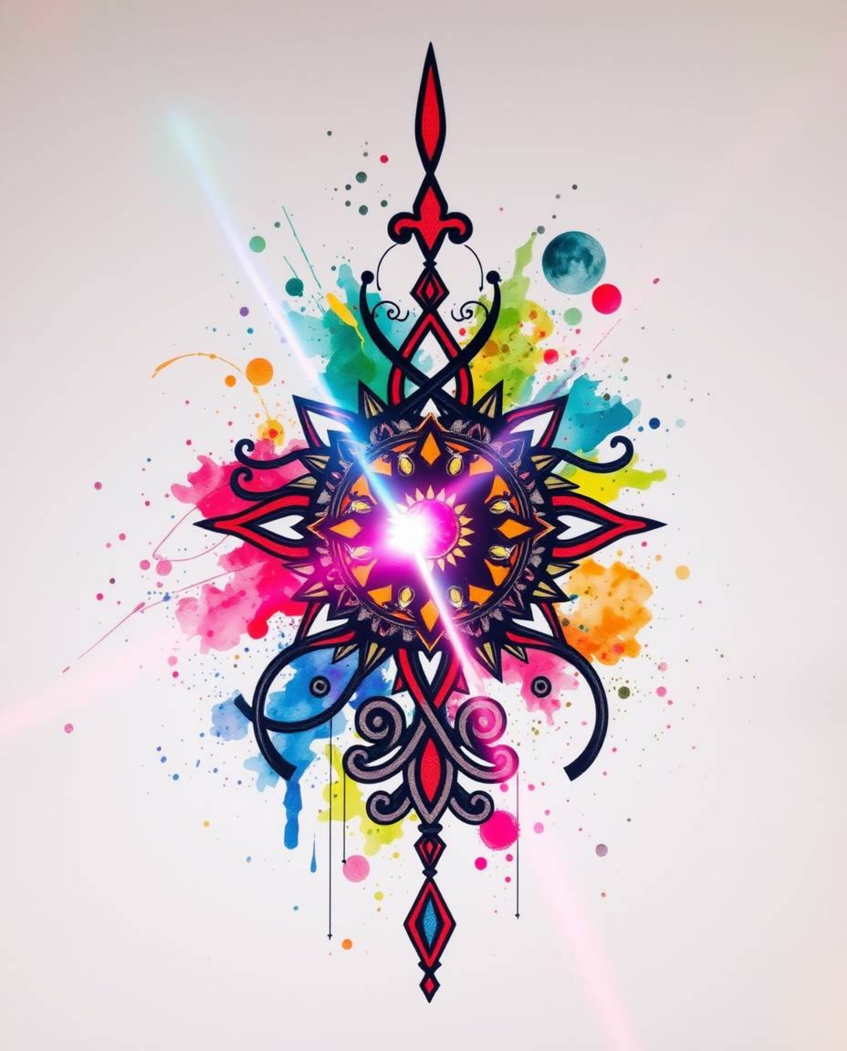 This vibrant art print showcases a symbolic traditional tattoo design.  Featuring bright lens flares, colorful watercolor spl