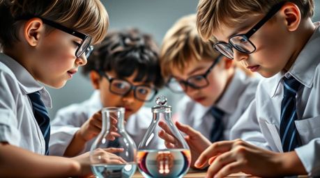 A captivating extreme macro close-up reveals a stylized geometric logo featuring quirky children in school uniforms conductin