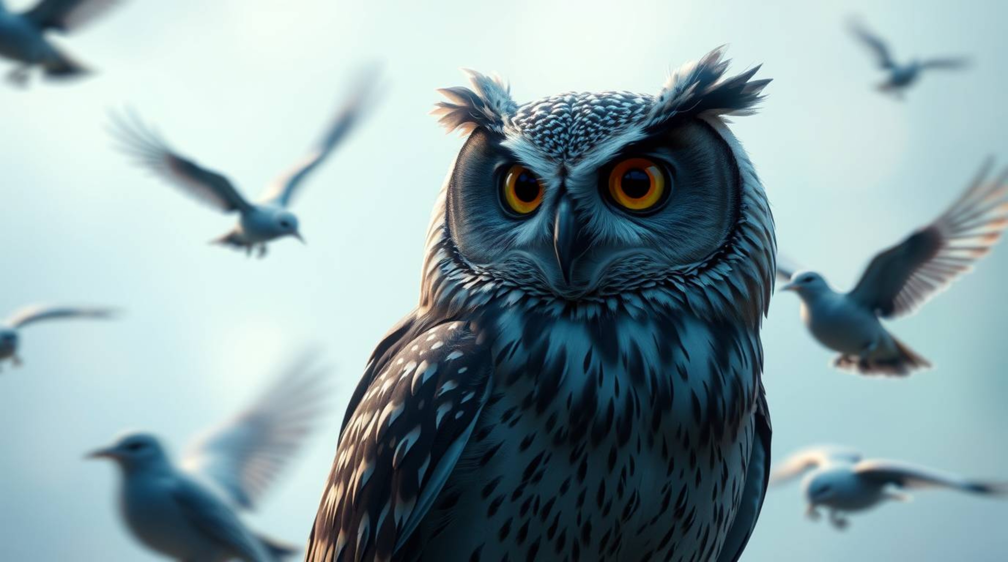 This captivating Pixar-style image portrays a teacher-like blind owl as it watches birds learning to fly. The use of long exp