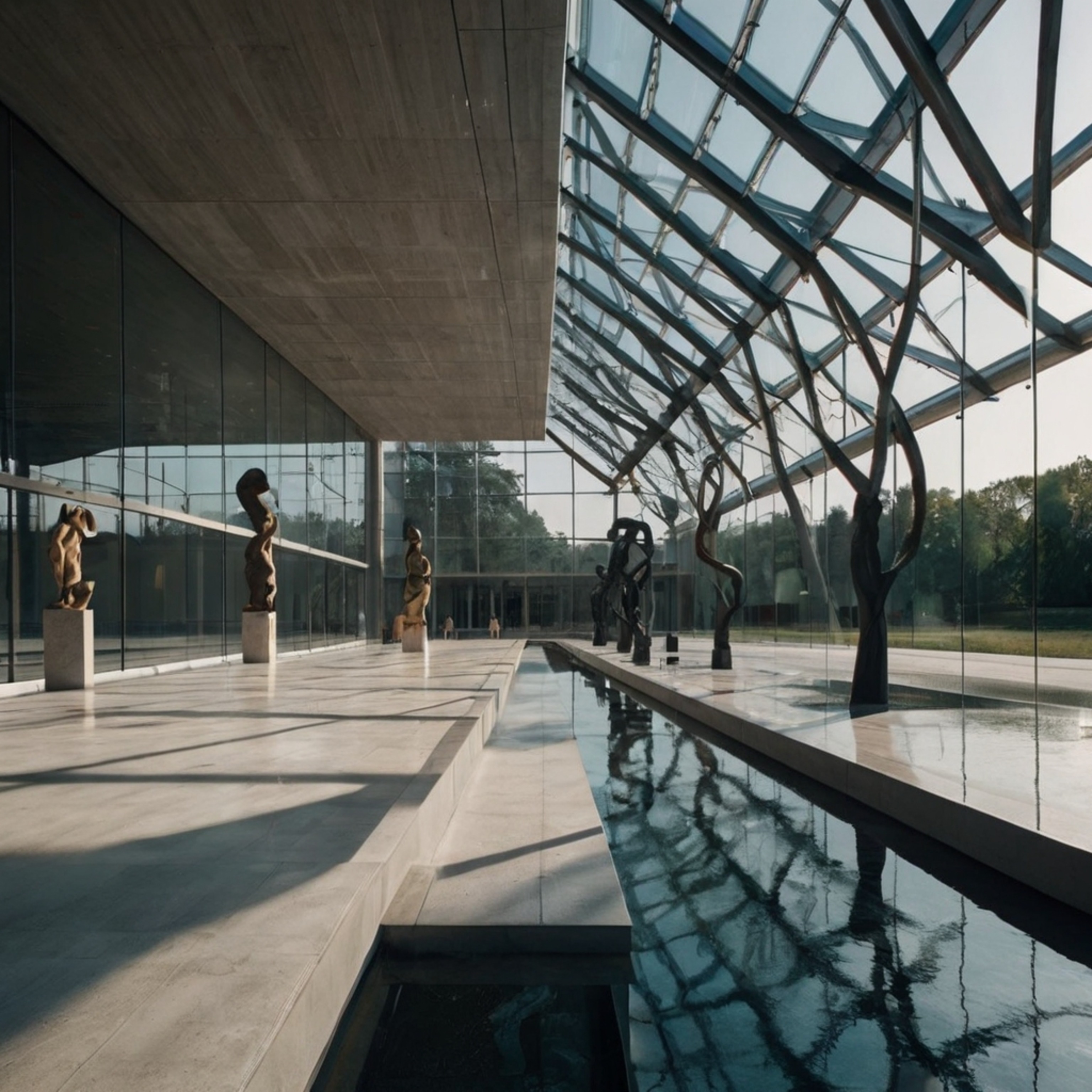 Explore a stunning modern architecture museum featuring clean lines, expansive glass windows, and a captivating outdoor sculp