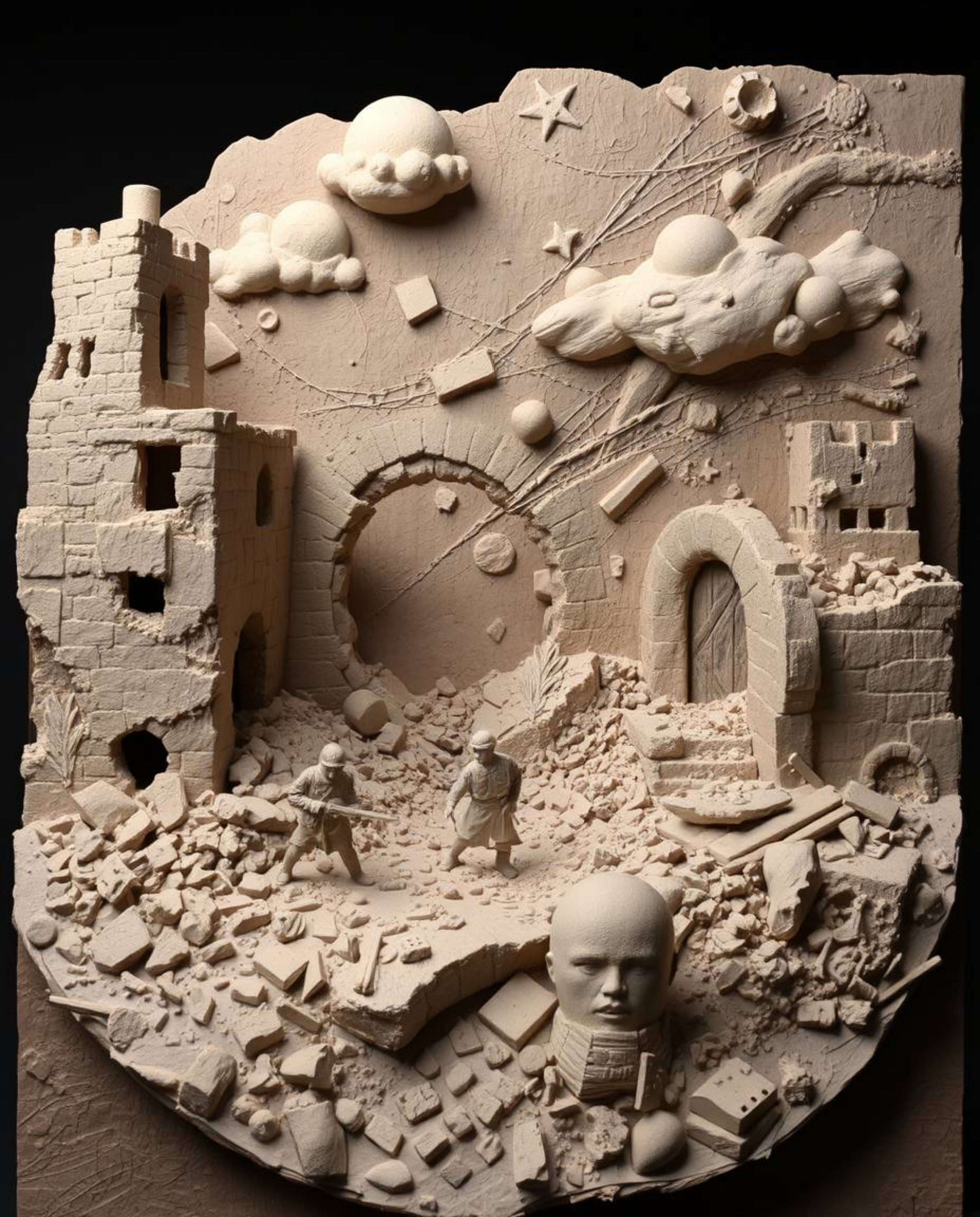 This sculptural clay art depicts a mesmerizing time-warped battlefield, showcasing textured crumbling buildings and soldiers 