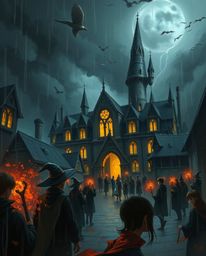 A digital painting capturing a magical school teeming with young wizards, presented in a strong, moody style.  Experience int