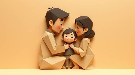Experience a heartwarming reunion with this intricate, origami-style illustration depicting family members connecting in a de