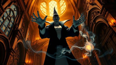 A captivating high-angle shot reveals a classic Disney villain casting a spell within the majestic walls of an ancient castle