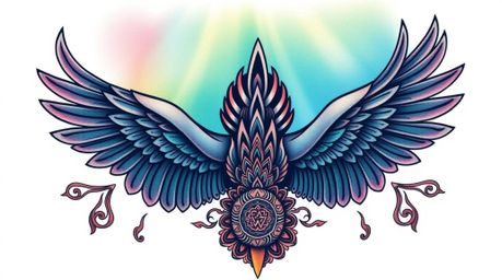 Explore a collection of symbolic traditional tattoo art designs featuring an overhead bird's-eye view aesthetic, vibrant auro