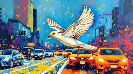 A vibrant acrylic painting captures the energy of a fast-running bird as it zooms past the blur of city traffic. The artwork 