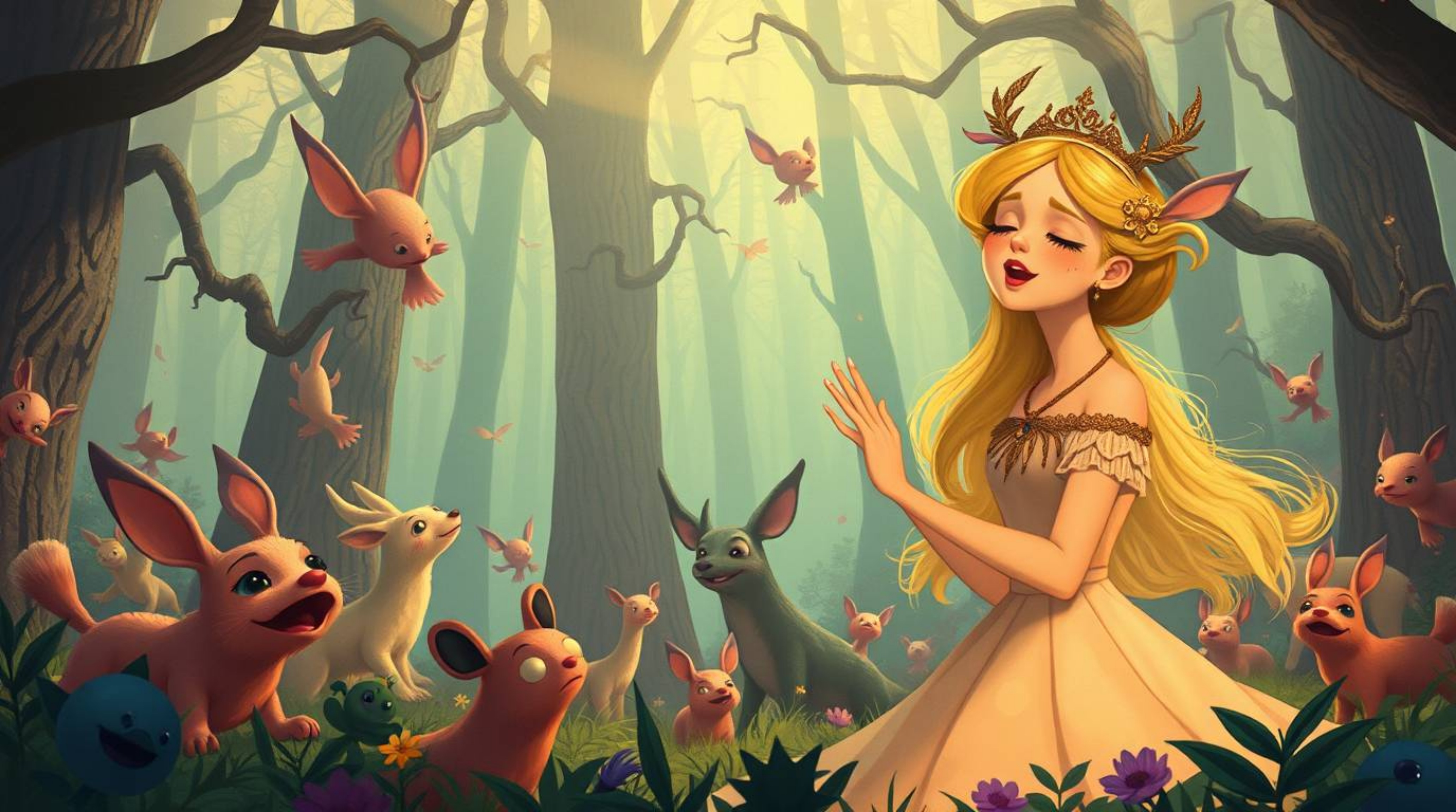 A captivating scene unfolds featuring a princess with ethereal beauty, her voice echoing through a surreal and fantastical fo