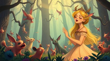 A captivating scene unfolds featuring a princess with ethereal beauty, her voice echoing through a surreal and fantastical fo