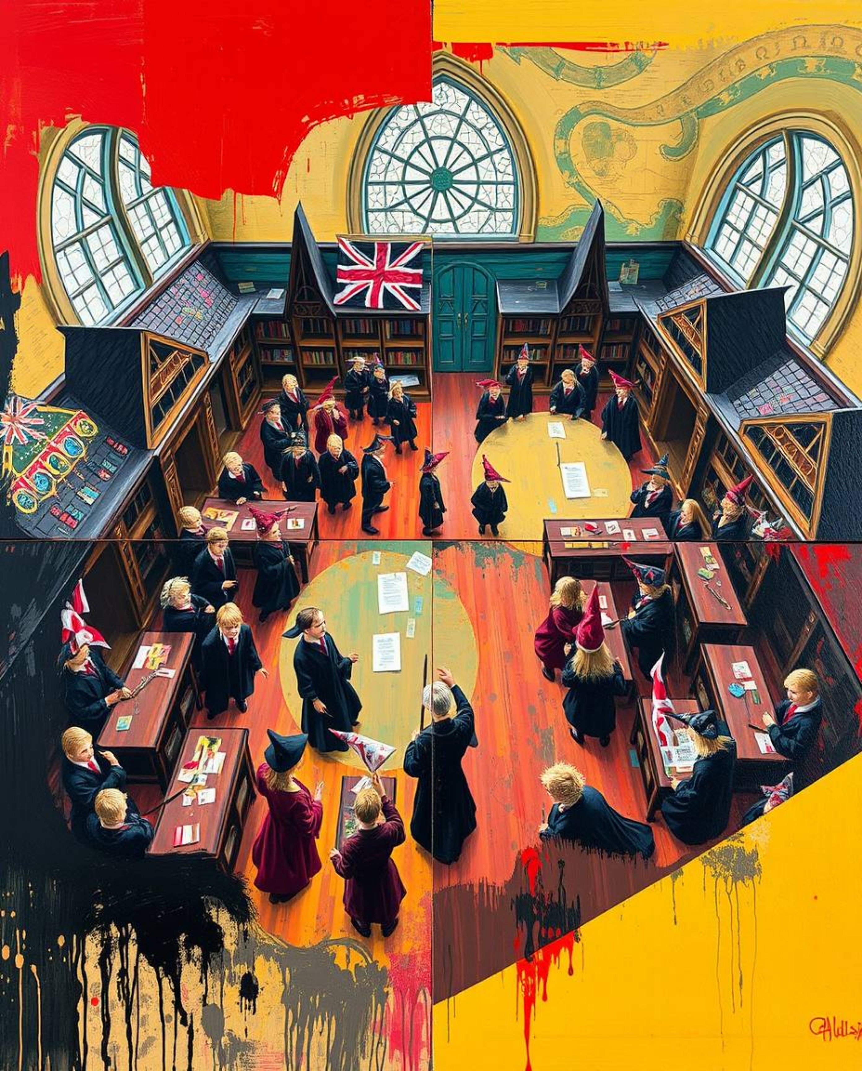 A vibrant acrylic painting depicts a magical school brimming with young wizards, viewed from a unique overhead perspective.  