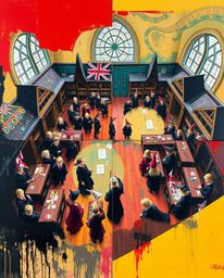 A vibrant acrylic painting depicts a magical school brimming with young wizards, viewed from a unique overhead perspective.  