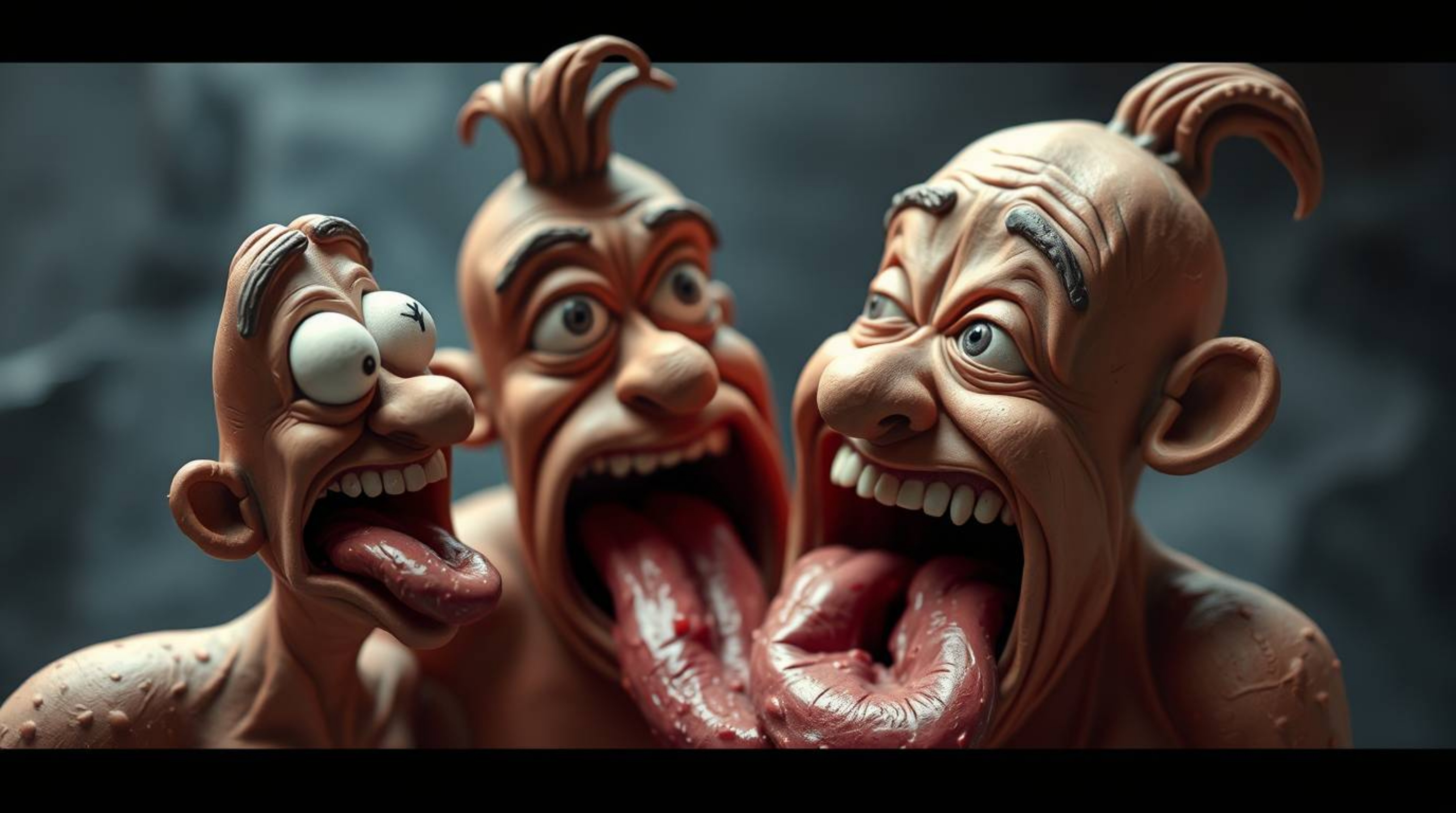 A whimsical clay sculpture captures a hilarious, exaggerated gross-out comedy moment.  The soft cinematic haze and soft focus