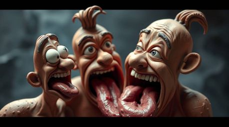 A whimsical clay sculpture captures a hilarious, exaggerated gross-out comedy moment.  The soft cinematic haze and soft focus