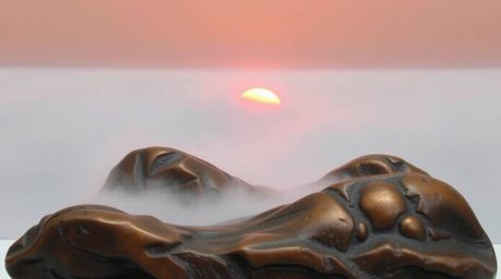 This stunning cast bronze sculpture captures the serene beauty of fog-covered hills illuminated by a breaking sunset. The ant