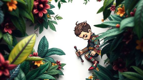 A vibrant, retro-style tattoo print depicts a miniature hero exploring a lush backyard jungle.  The intricate design showcase
