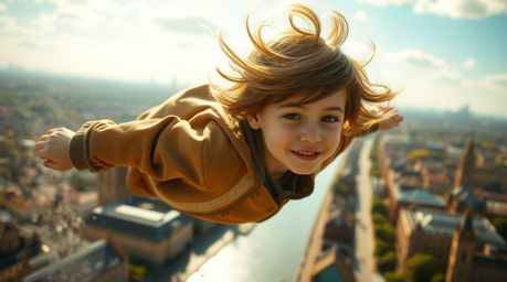 A captivating image showcases a young boy with windblown hair soaring above London, leaving a trail of shimmering pixie dust.