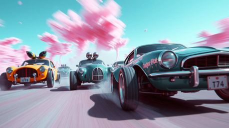 Experience a dynamically rendered wacky racing scene filled with outlandish cars in motion, captured with artistic motion blu