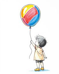 A whimsical illustration showcases a child joyfully holding a vibrant balloon.  Created with textured pencil strokes and roug